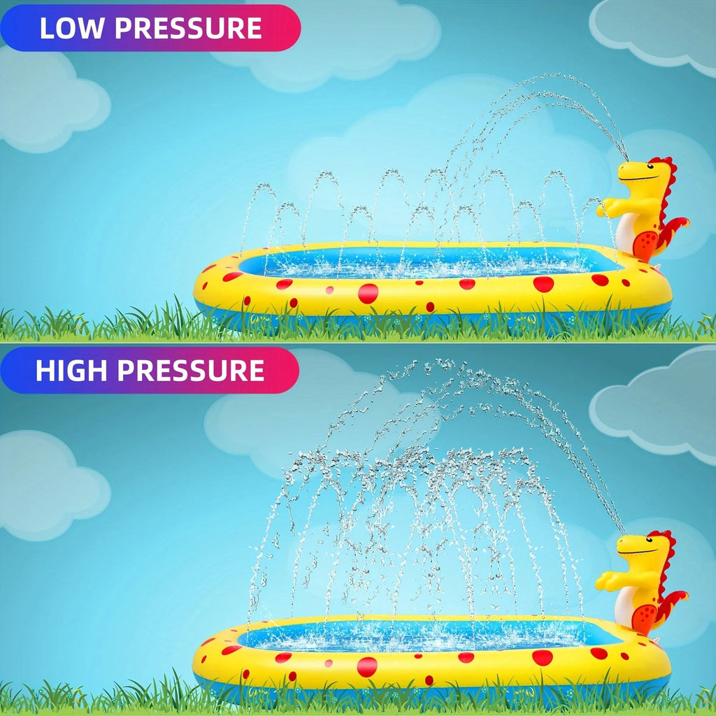 Blue dinosaur-shaped inflatable water pool with multiple sprayers for children's outdoor play