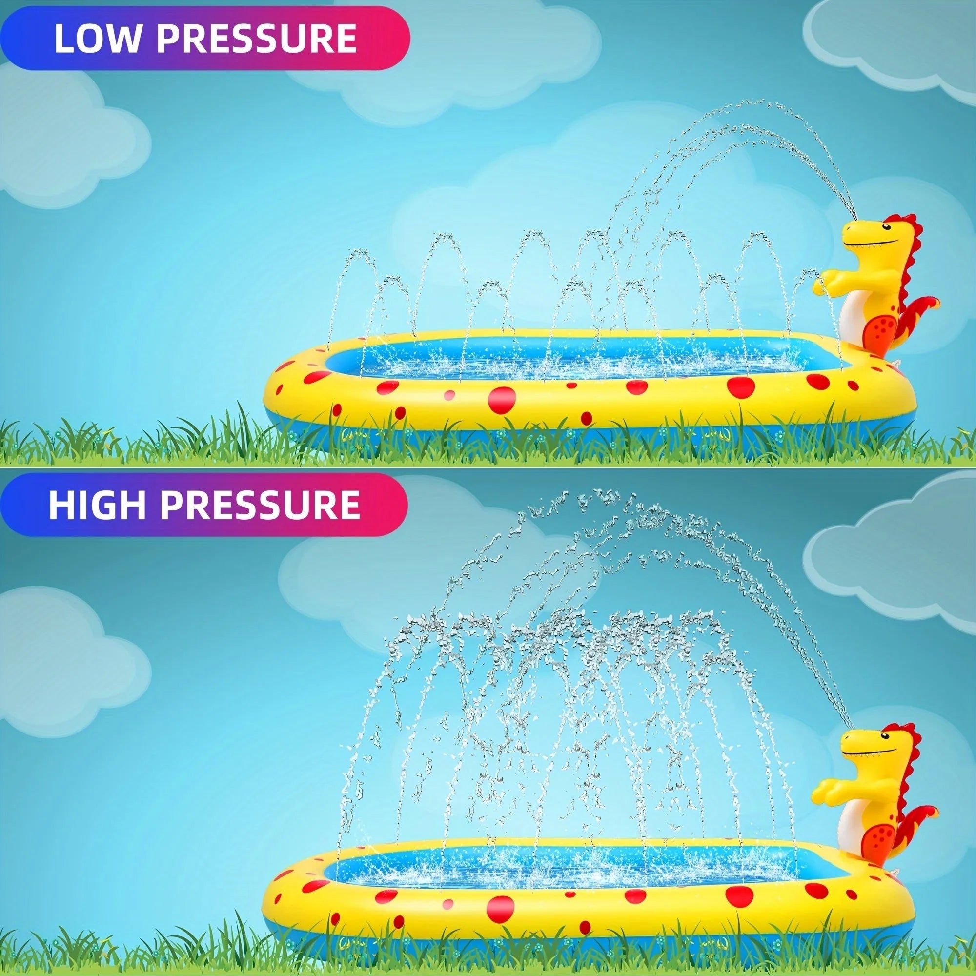 Blue dinosaur-shaped inflatable water pool with multiple sprayers for children's outdoor play