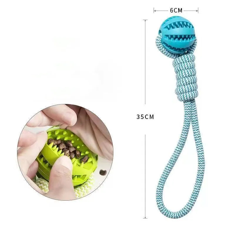 Blue TPR rubber rope ball dog toy for small dogs, measuring 36x6x6 cm, with cotton rope for tug-of-war