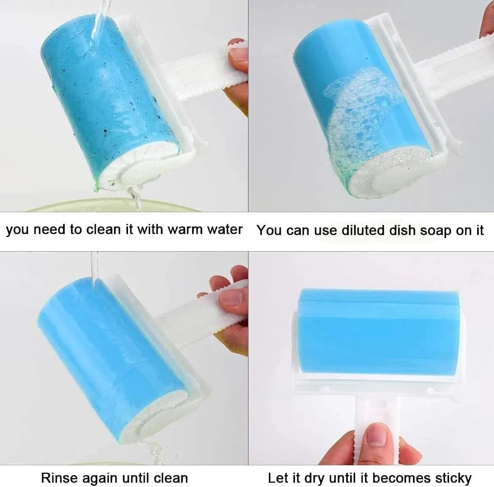 Blue washable reusable lint roller with cover for removing pet hair from clothes and furniture.
