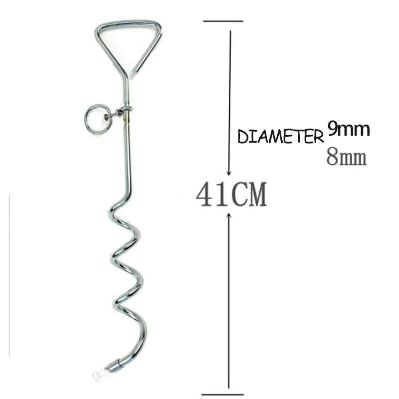 Silver spiral dog tie out stake for ground anchoring in sandy soil conditions