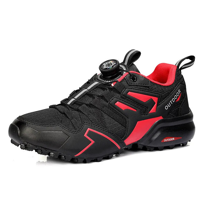 Men's off-road lightweight hiking shoes in black with an elastic band closure and rubber sole.
