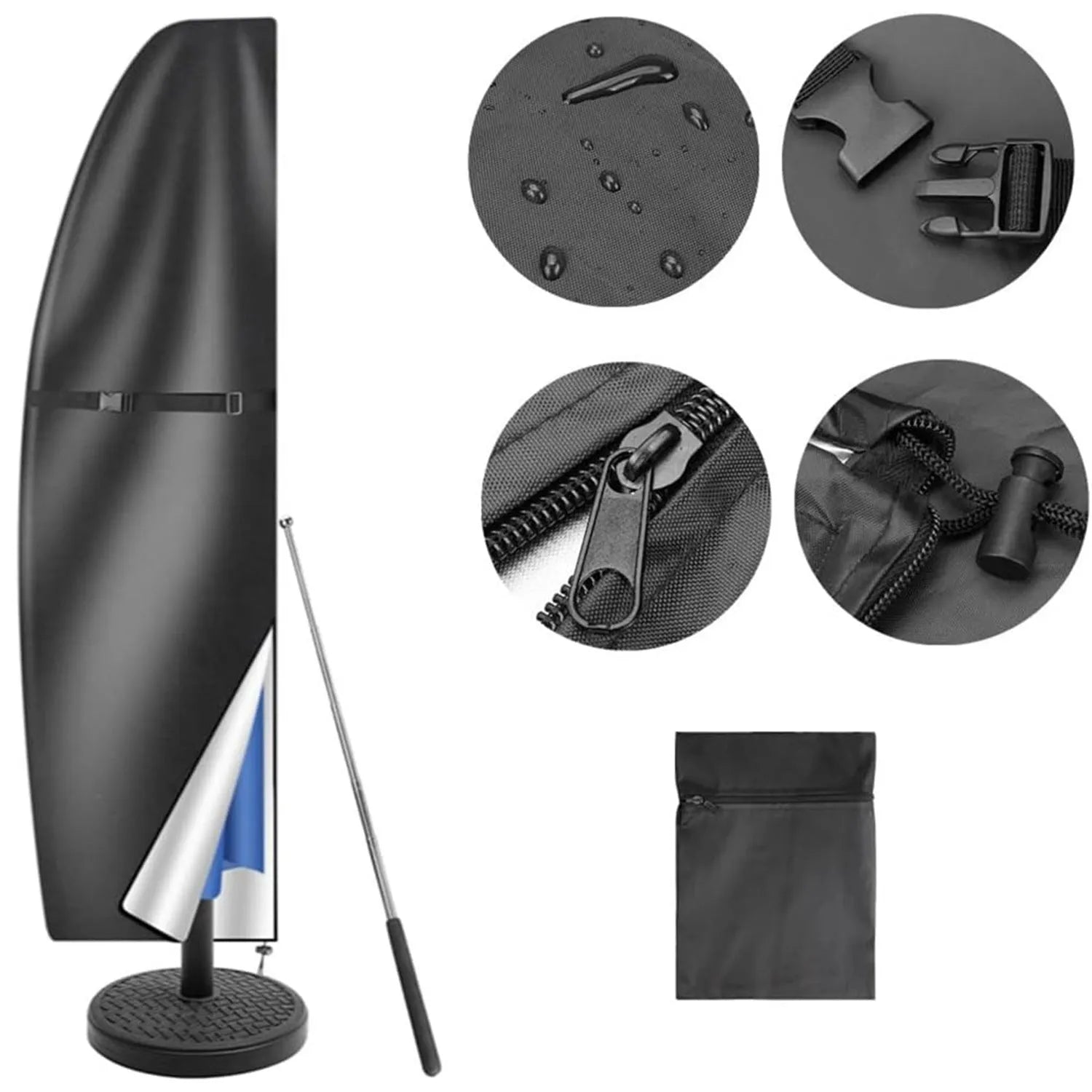 Grey waterproof offset banana-shaped umbrella cover made from Oxford cloth shown protecting outdoor furniture.