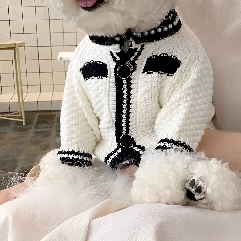 Korean style dog sweater with pearl collar in black or white colour options