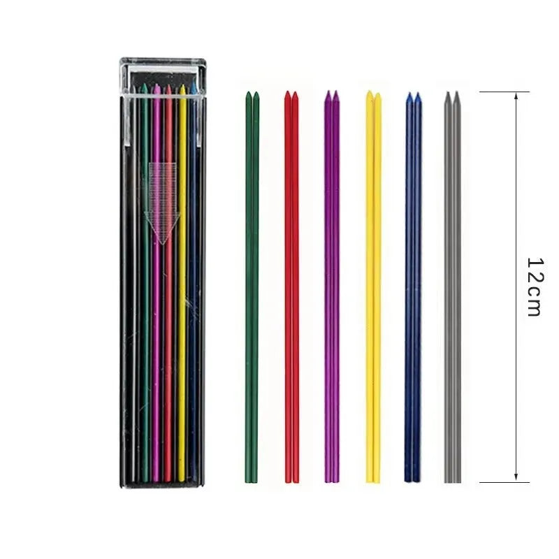 Boxed set of twelve 0.5mm HB mechanical pencil refills with erasers in rainbow colours
