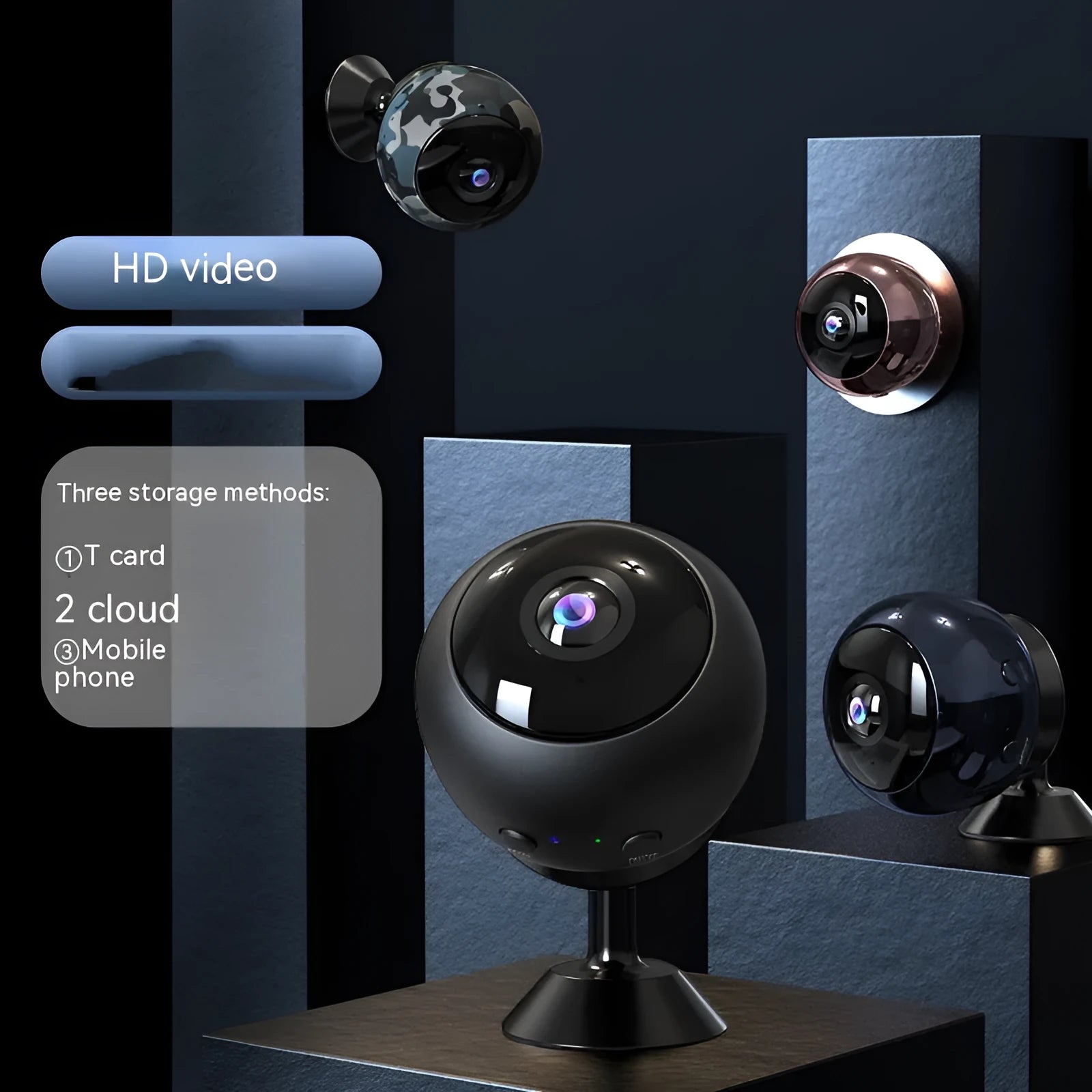White or black indoor wireless WiFi surveillance camera with a 3.6mm lens for 1080p HD video.