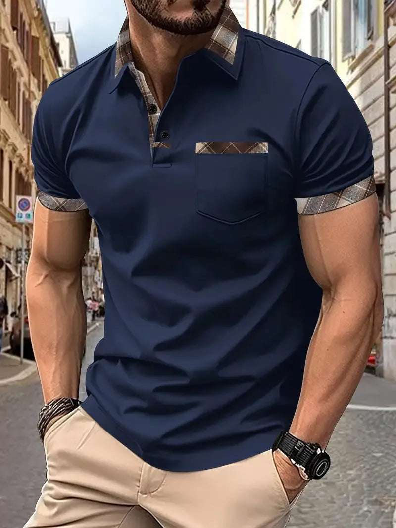Men's plaid colourblock t-shirt with zipper detail in loose fit for summer wear