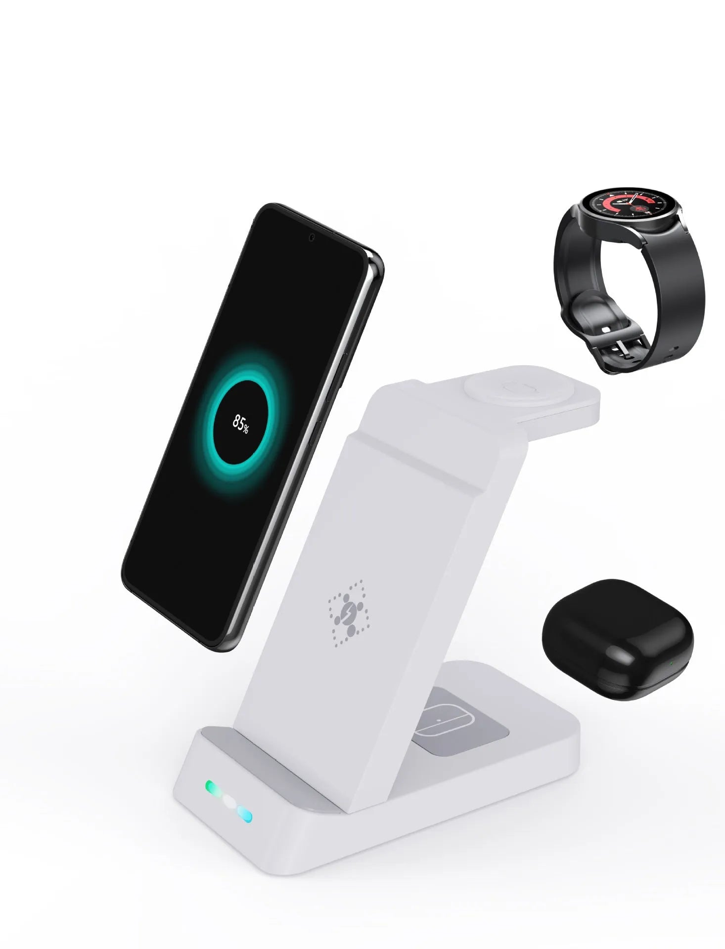 Black or white 3-in-1 wireless charging stand for phone, AirPods and watch, showing phone in stand mode.