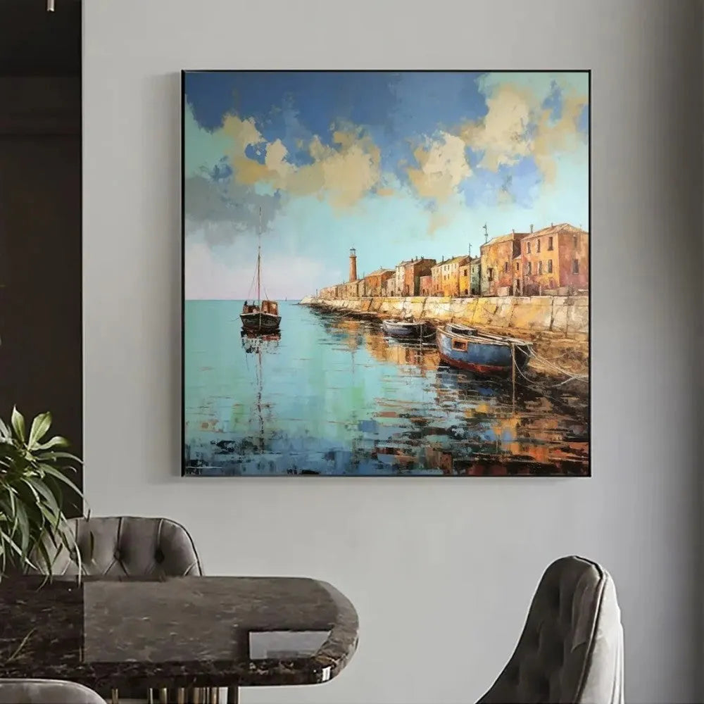 Hand painted abstract pier and boat landscape oil painting on square canvas