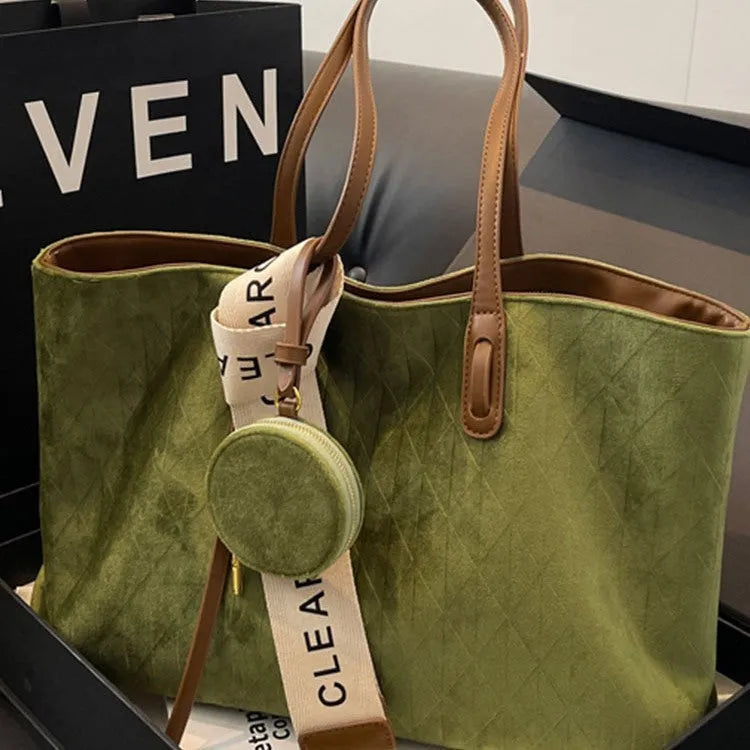 Soft polyester large tote shoulder bag in a horizontal square shape with an external pocket.