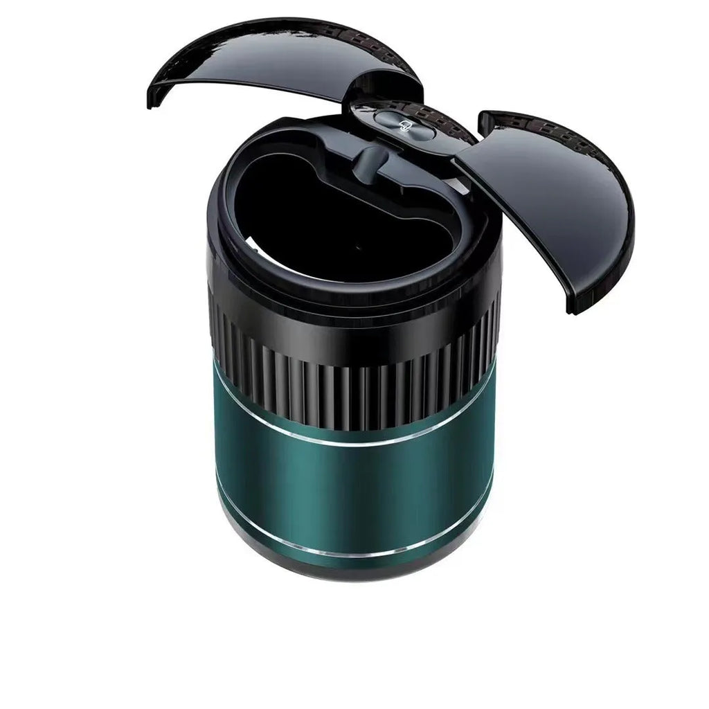 Automatic metal car ashtray with lid in black, silver, green, or red, measuring 113mm by 72mm.