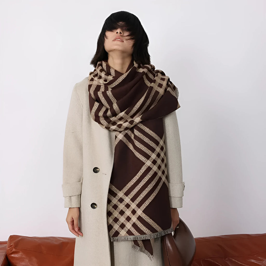 Cashmere-like scarf with tassel detailing in brown colour showing mid-length design