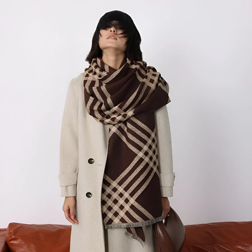 Cashmere-like scarf with tassel detailing in brown colour showing mid-length design