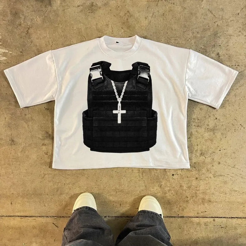 Men's printed cotton short sleeve t-shirt in retro street style with drop-shoulder sleeves.