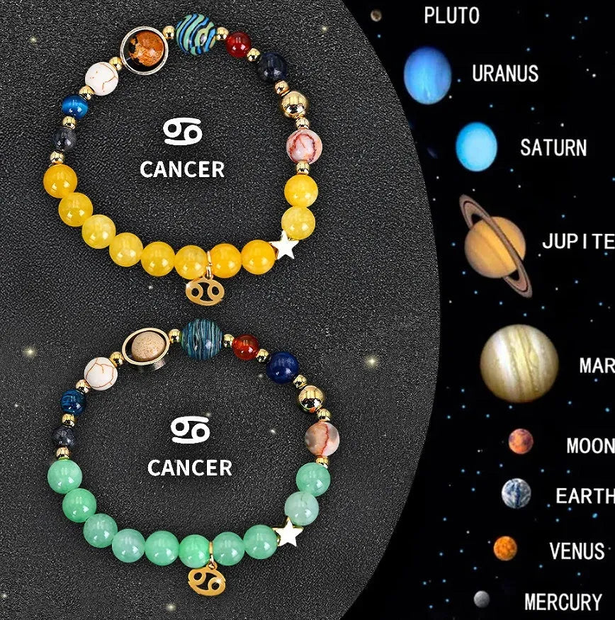 Set of twelve natural stone zodiac bracelets showing detailed astrological charms on stretch cords