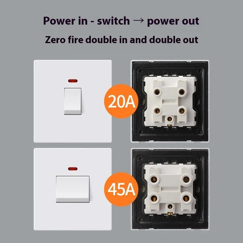 Curved rack electrical switch panel for 25A and 45A three-phase applications in gold, grey, or white