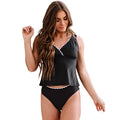 Black women's one-piece split swimsuit or bikini set made from nylon fabric.
