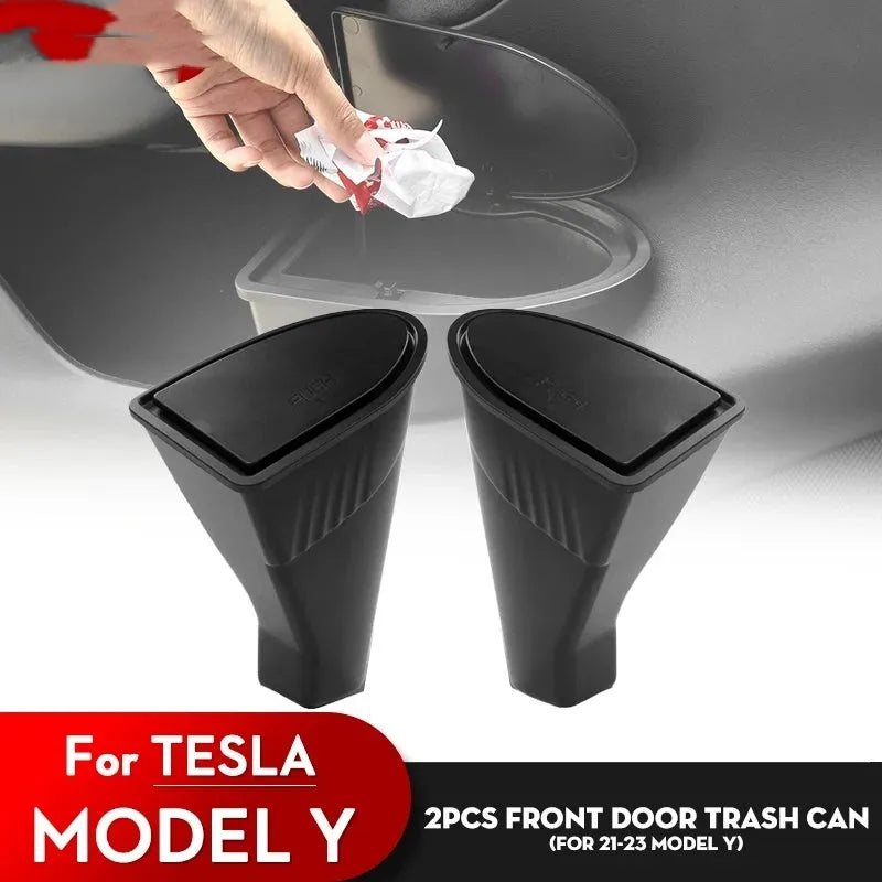 Two black ABS plastic car door storage boxes for Tesla Model Y front door pockets