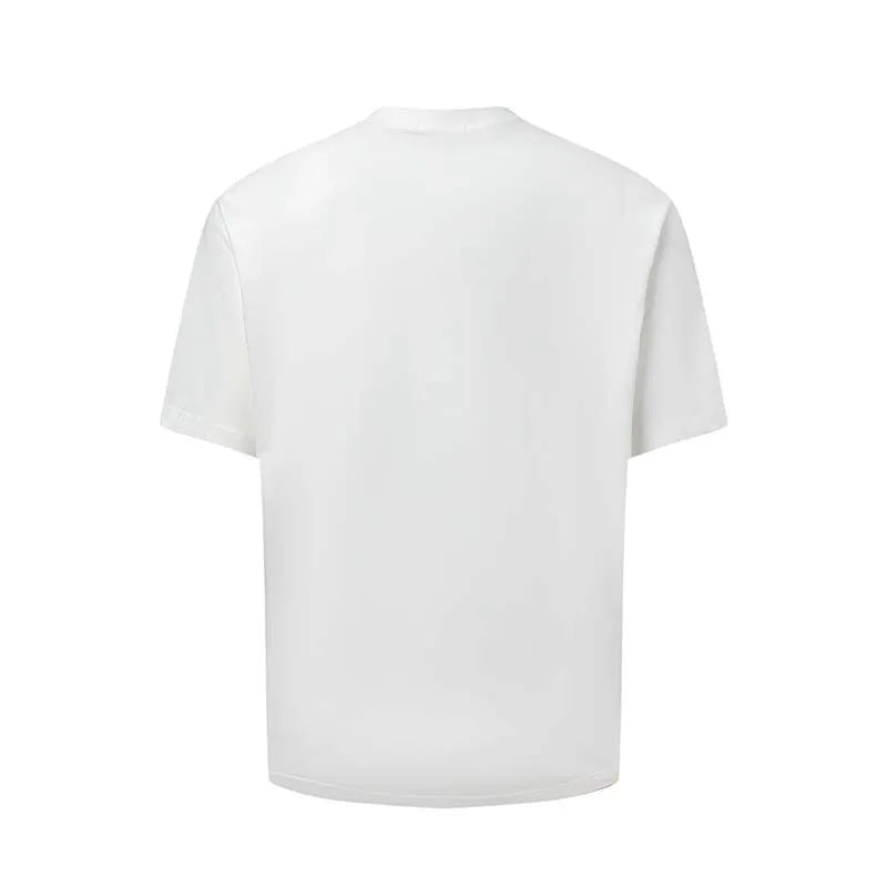 Man wearing a blue American retro style t-shirt with white letter printing, loose fit round neck.