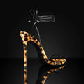 Women's leopard print pointed toe sandals with Roman lace-up and buckle closure