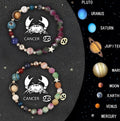 Two adjustable natural stone beaded bracelets showing zodiac sign designs on a neutral background