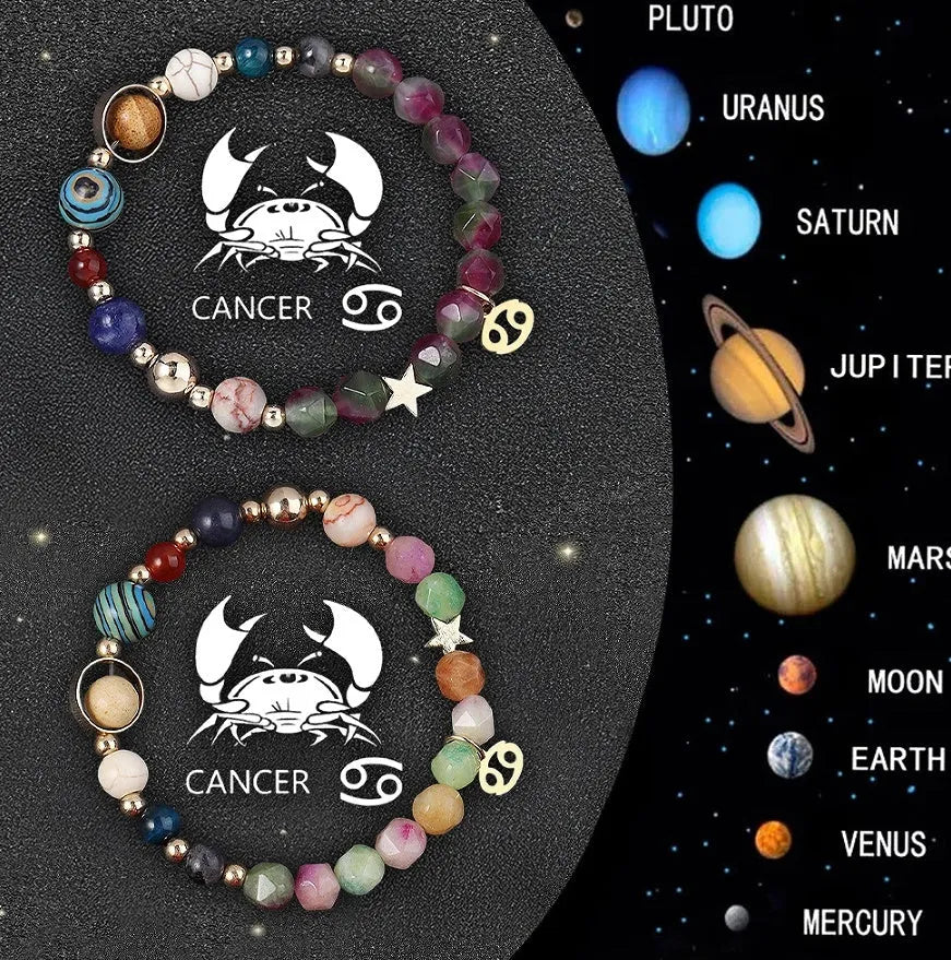 Two adjustable natural stone beaded bracelets showing zodiac sign designs on a neutral background