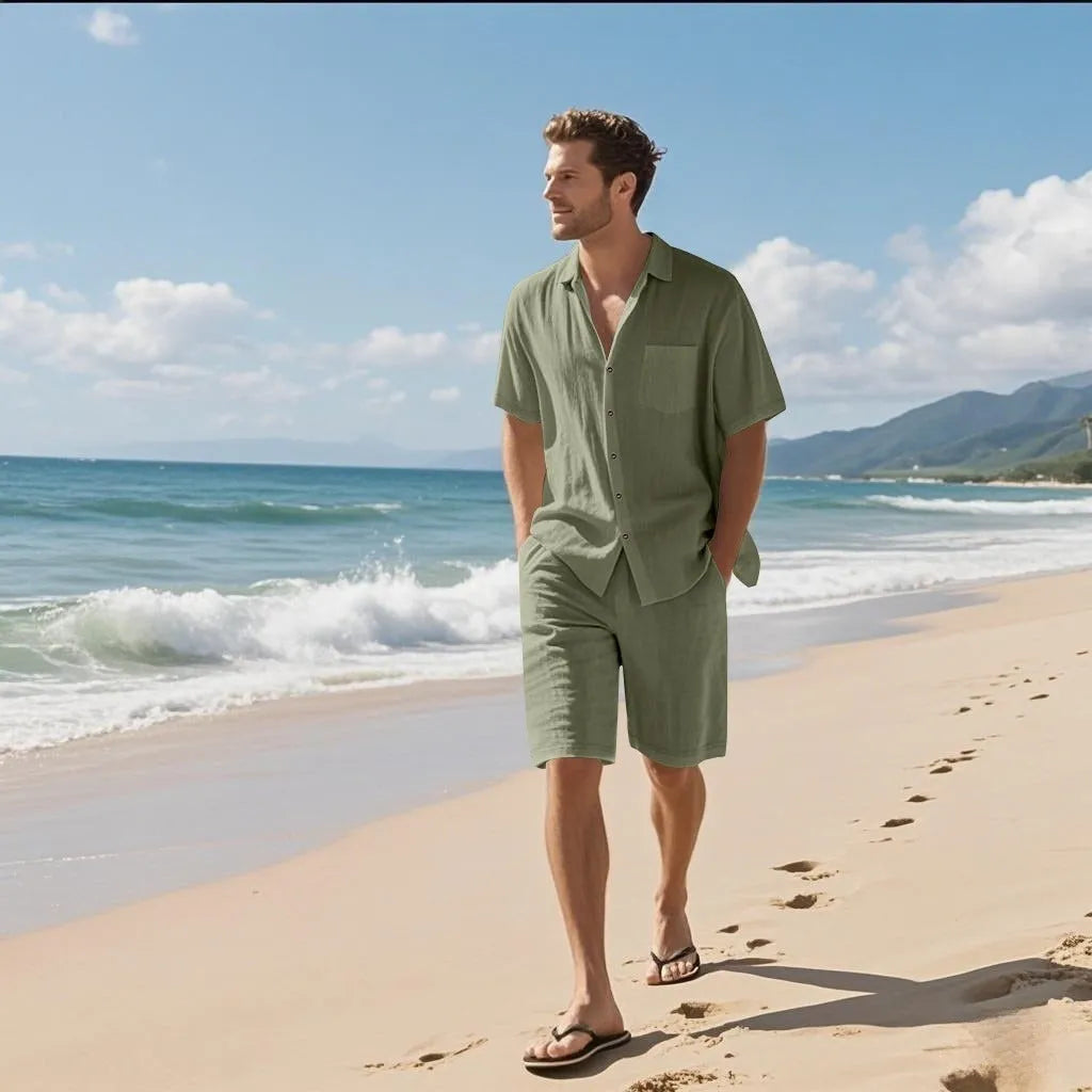 Linen and hemp blend short sleeve beach suit in light blue with matching shorts.