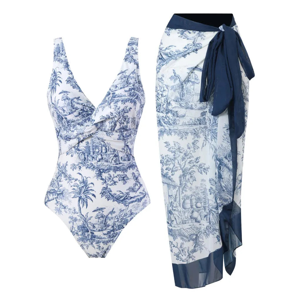Women's conservative one-piece swimsuit with short sleeves in a vintage yellow floral print pattern.