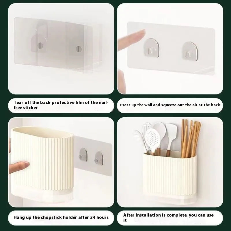 Modern plastic wall-mounted chopsticks and spoon holder in beige, dark green, or orange.