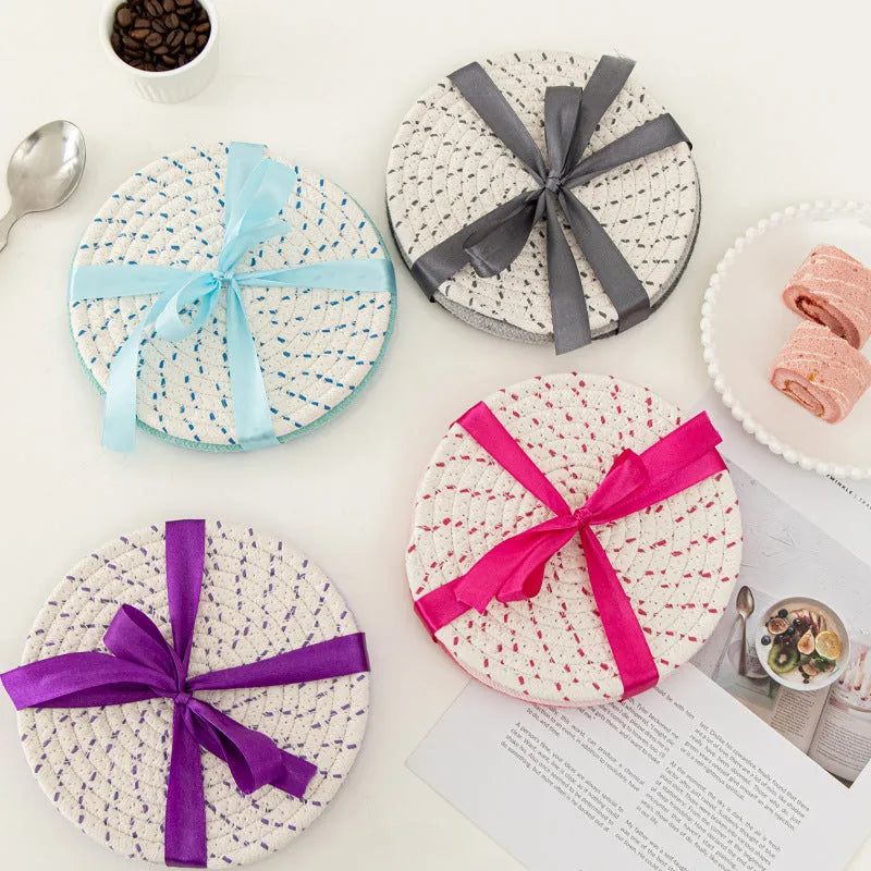 Cotton cord round coaster and placemat three-piece set in modern simple style with 18cm diameter