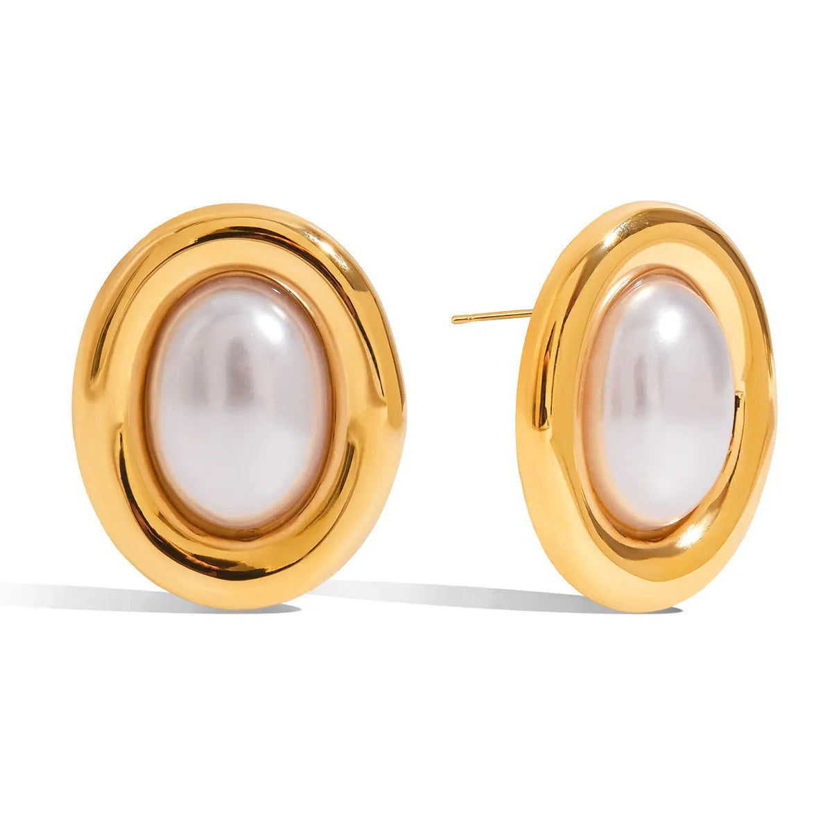 A pair of silver-colour stainless steel stud earrings with a small white pearl detail on a grey background.