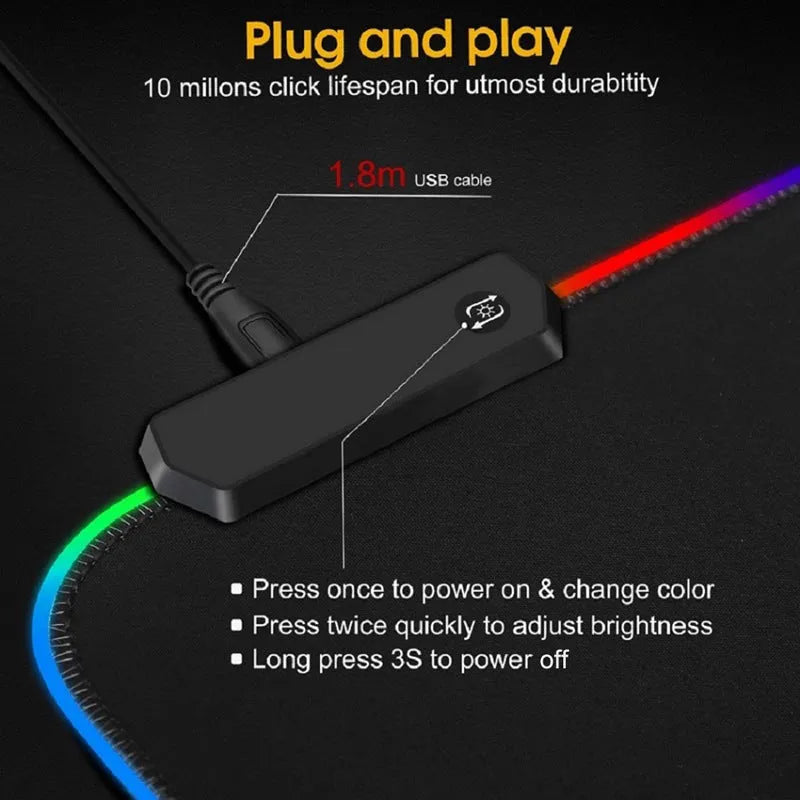 Luminous RGB mouse pad with non-slip rubber fabric base in multiple sizes