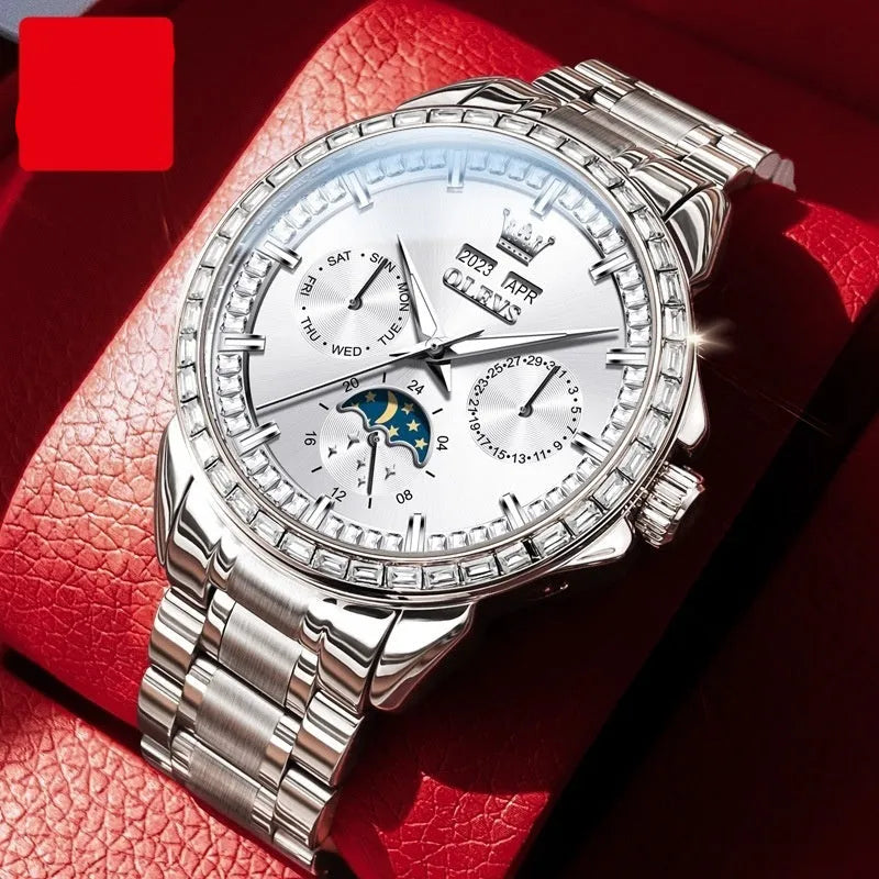 Men's stainless steel automatic watch with diamond dial and transparent case back.