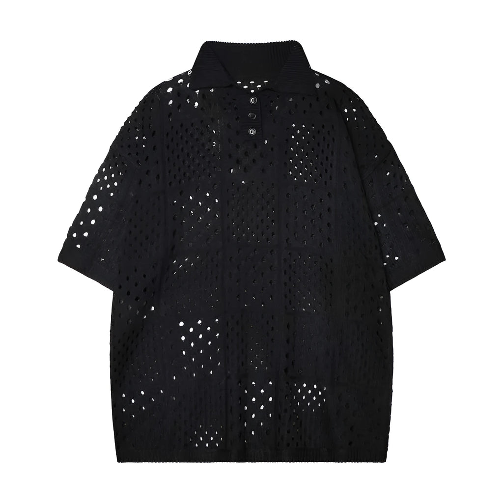 Solid colour hollow high sense short-sleeved knitting polo shirt in loose cardigan style