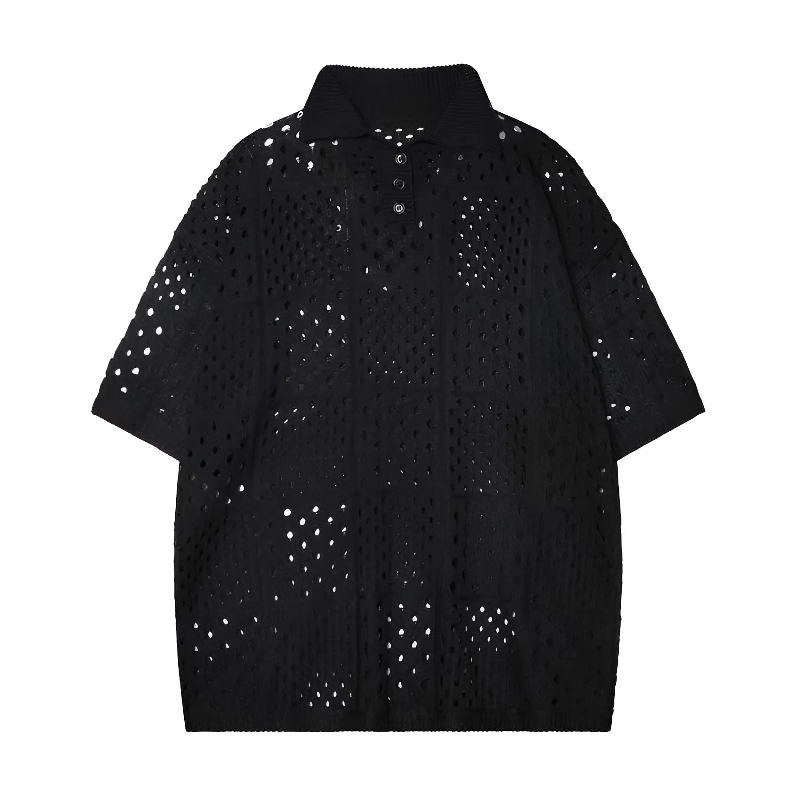 Solid colour hollow high sense short-sleeved knitting polo shirt in loose cardigan style