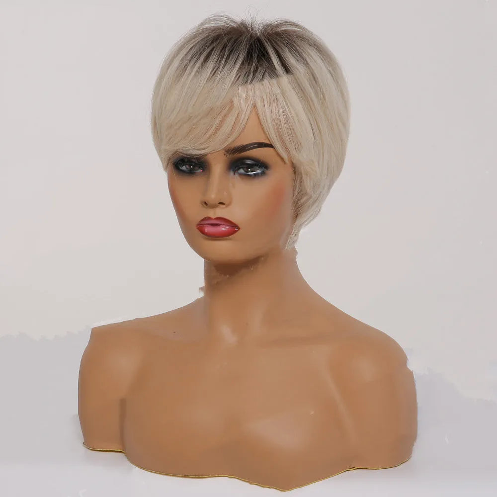 Short straight ombre blonde synthetic hair wig with bangs, 8 inch length, brown gradient gold colour, on mannequin head
