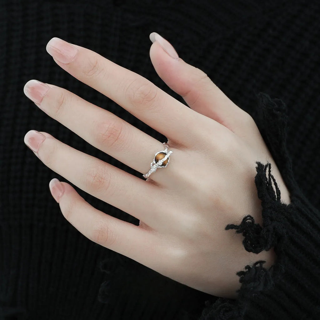 Women's adjustable Saturn tigereye open ring with electroplated white gold colour finish on silver