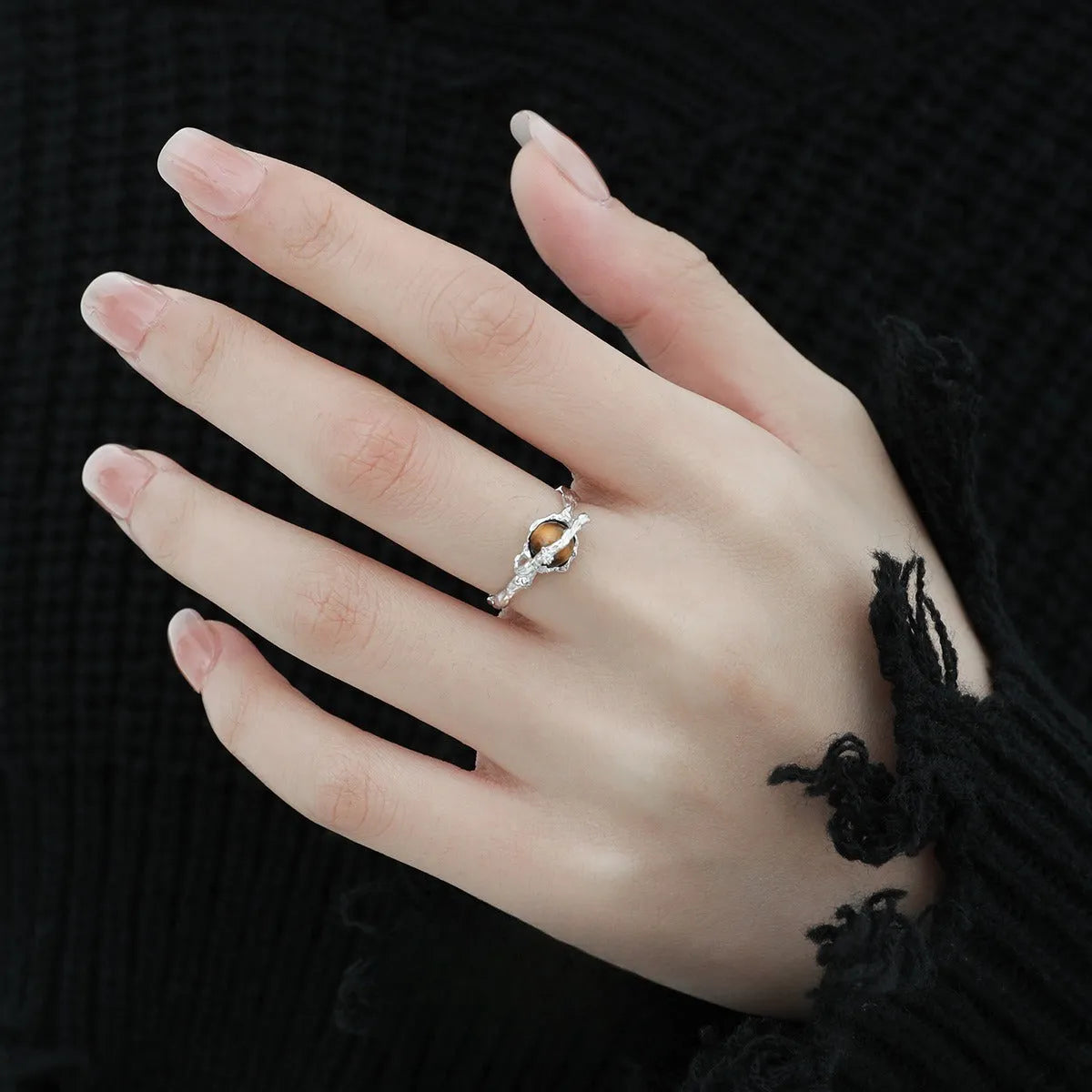 Women's adjustable Saturn tigereye open ring with electroplated white gold colour finish on silver