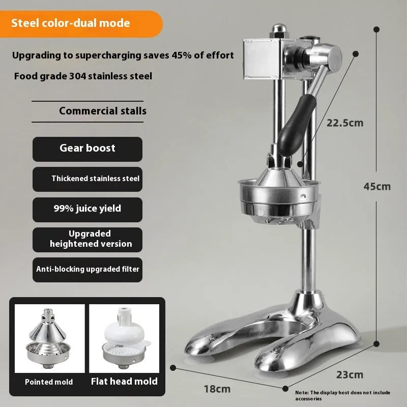Vertical stainless steel manual juicer with zinc alloy base in choice of colours with pointed, flat or double head options
