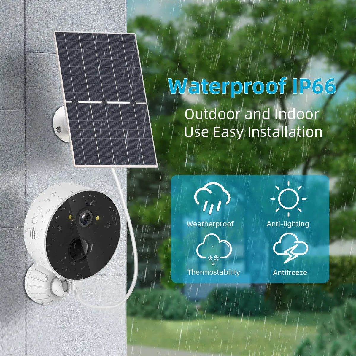 Solar-powered outdoor security camera with solar panel for garden monitoring
