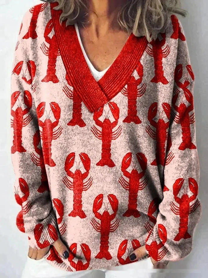 Women's long sleeve V-neck sweatshirt with a printed 3D floral pattern in retro style.