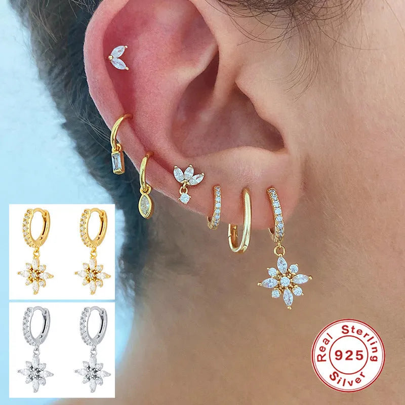 S925 sterling silver diamond snowflake pendant earrings with geometric design in yellow or white gold colour finishes