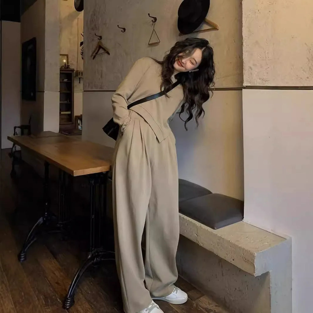 Women's khaki casual sport suit with loose fit long sleeve top and full-length trousers