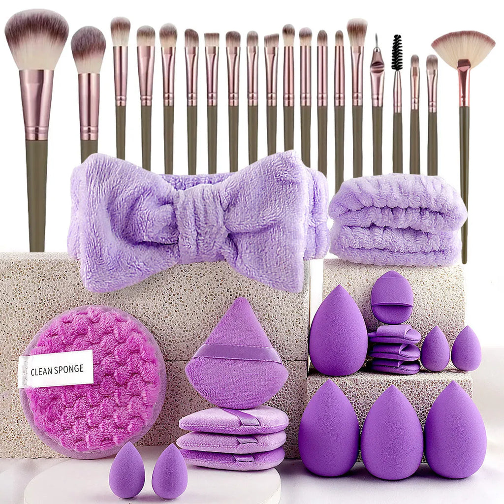 40-piece makeup brush set with hydrophilic non-latex bristles in brown, pink, and purple colour options