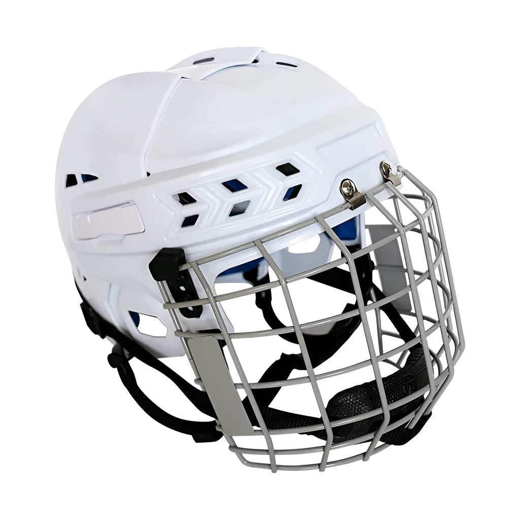 Ice hockey helmet with carbon steel face mask shown in four available sizes: S, M, L, and XL
