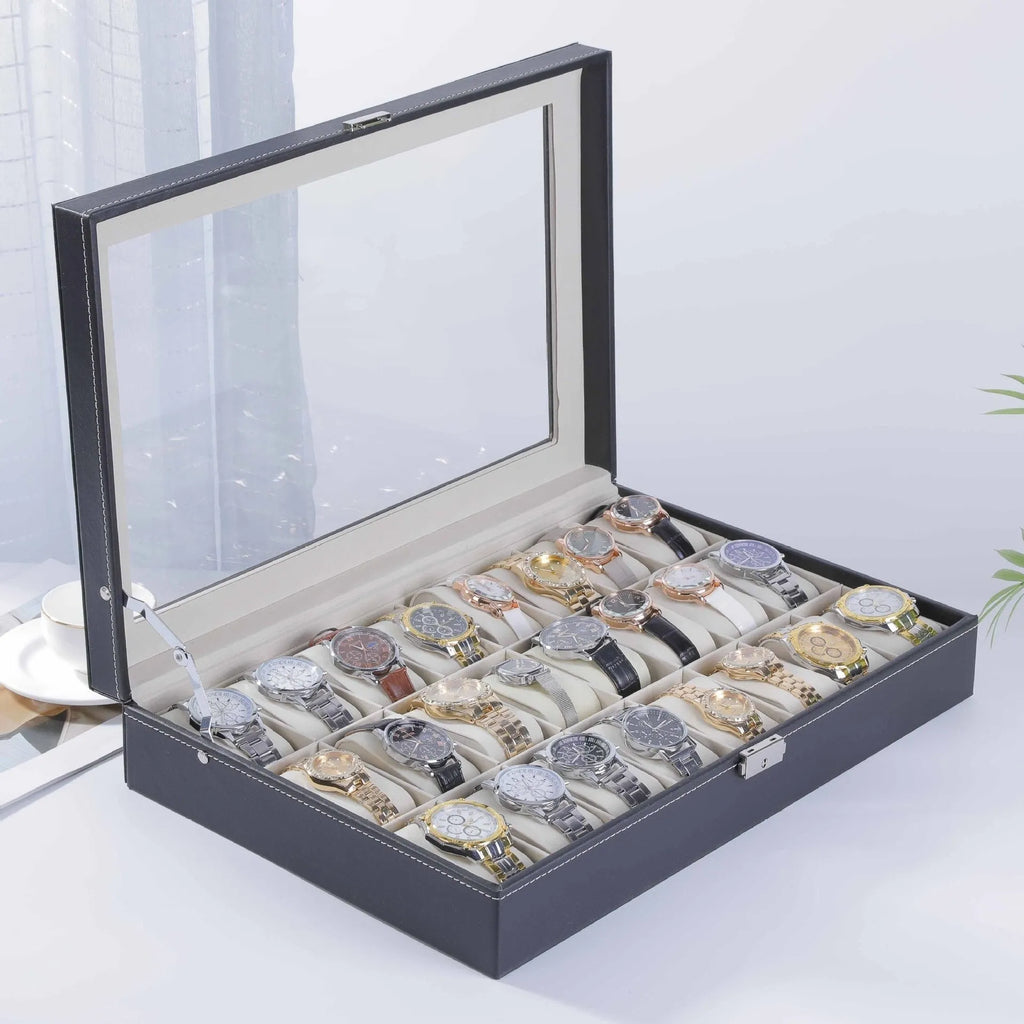Grey high-grade leather watch storage box with clear dustproof lid showing multiple watch slots inside.