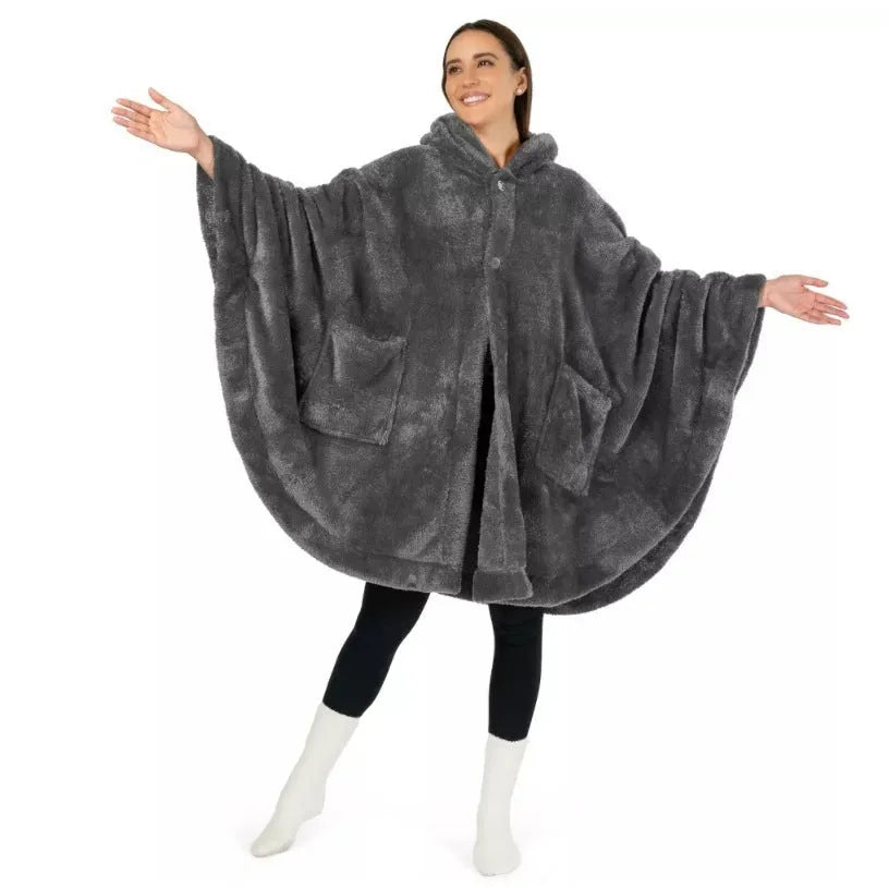 A thick black hooded bathrobe with long sleeves and a cardigan opening, laid flat.