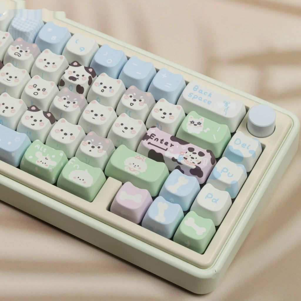 Full set of PBT sublimation keycaps with colourful puppy design for mechanical keyboards