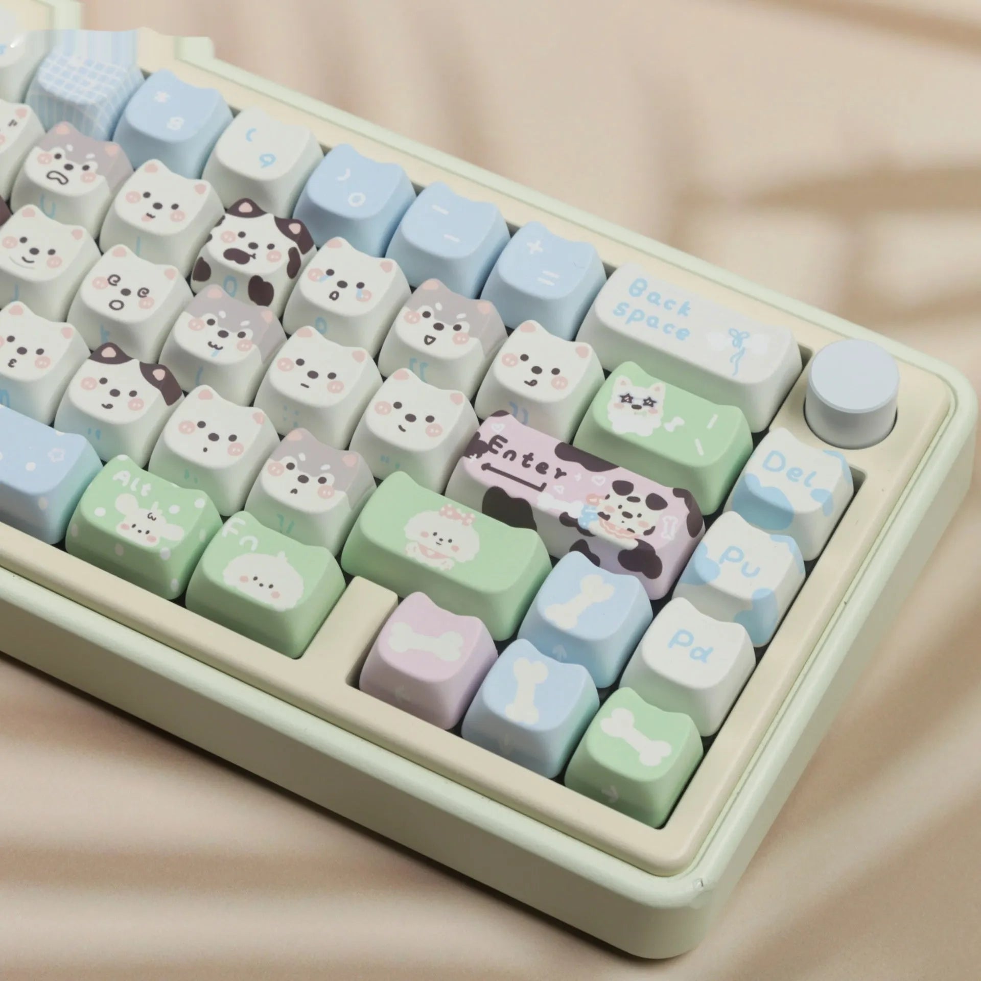 Full set of PBT sublimation keycaps with colourful puppy design for mechanical keyboards