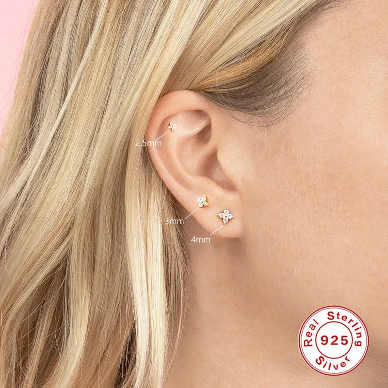 S925 sterling silver crystal flower stud earrings with petal design in gold or platinum plating